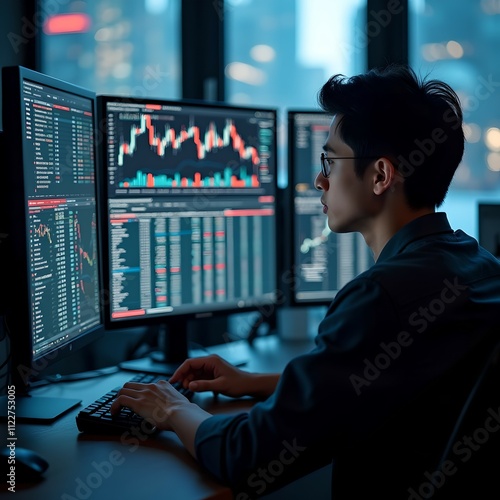 A trader working hard in a trading room in the city trading cryptocurrencies, stocks and forex