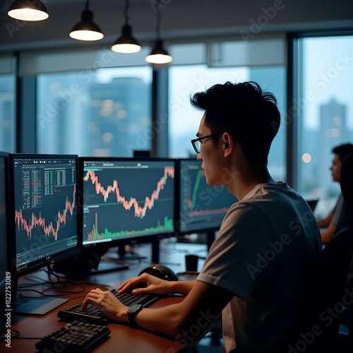 A trader working hard in a trading room in the city trading cryptocurrencies, stocks and forex