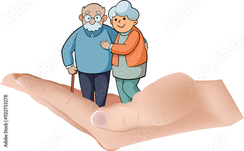 Hand protecting elderly couple walking together, providing care and support