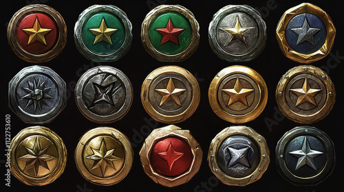 Cartoon set of game badges of different rank isolated on dark blue background. Vector illustration of round medals with star, wooden, stone, golden, silver metal textures. Collection of level awards photo