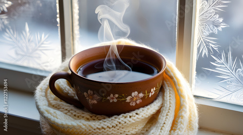 A cup of hot tea in front of the window photo