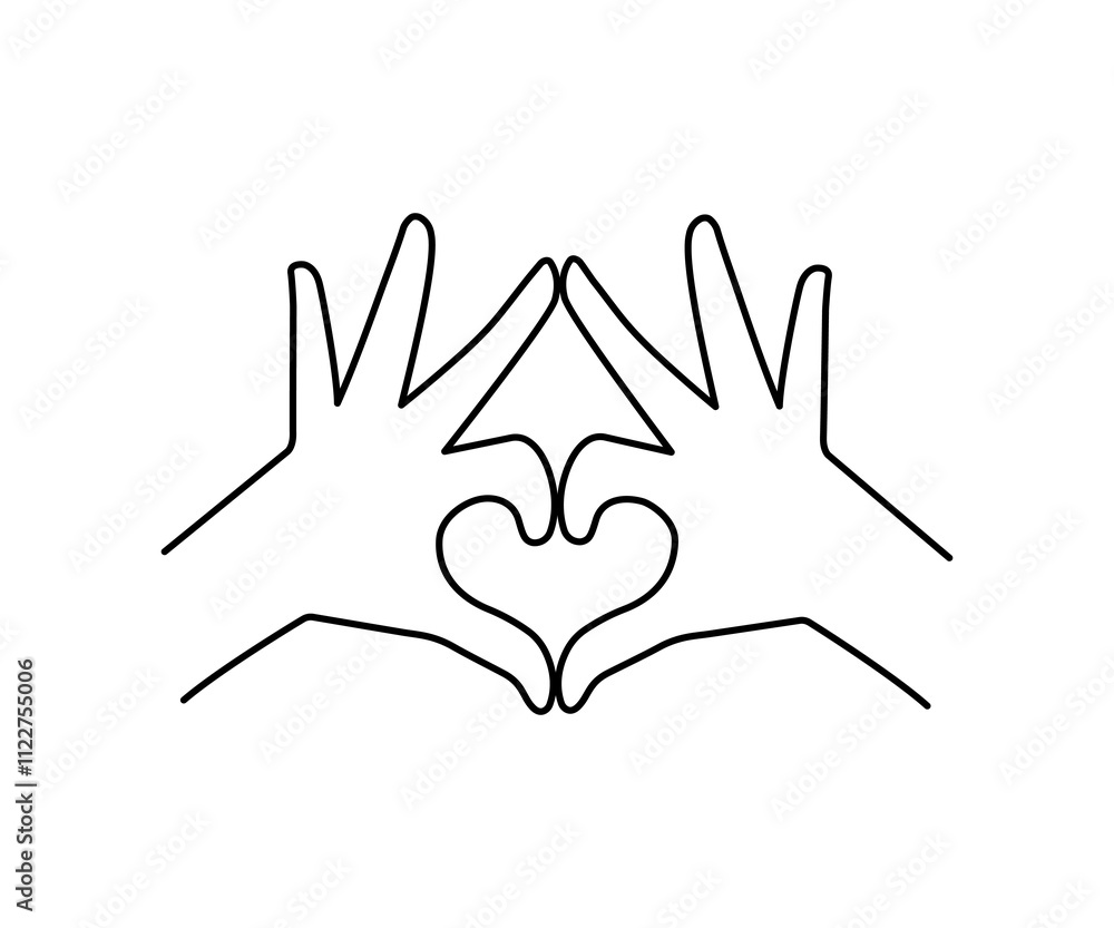 Fototapeta premium Romantic Hand Gesture. Romantic Valentine's Day Card. Romantic Hand Gesture. Romantic Valentine's Day Card. Line of Hearts. Heart o of Hearts. Heart of Two Hands. One Line Drawing. Declaration of Love