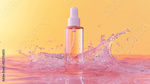 A bottle of moisturizing serum rests amidst gentle water waves against a pink and yellow background photo