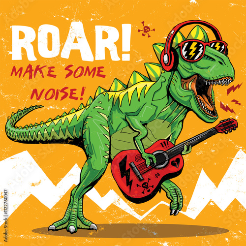 cool dinosaur playing guitar drawing illustration t shirt print graphic design