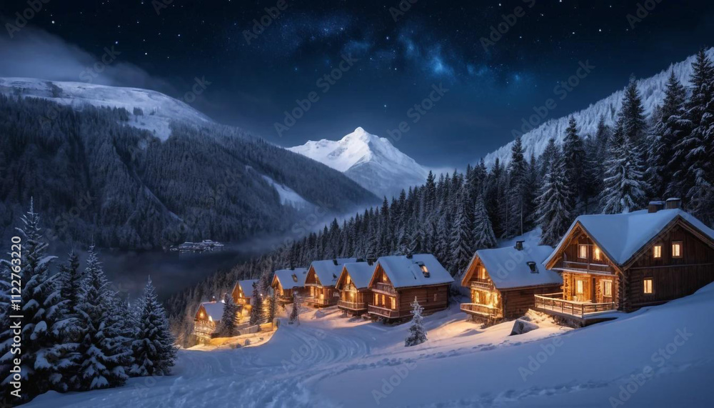 Fototapeta premium Nestled in snowy mountains, a cozy village glows under holiday lights and a starlit sky, with spruce trees and gentle fog painting a scene of winter magic and warmth.