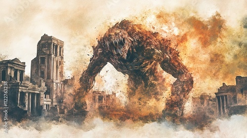 Monstrous Creature Looms Over Desolate City Ruins