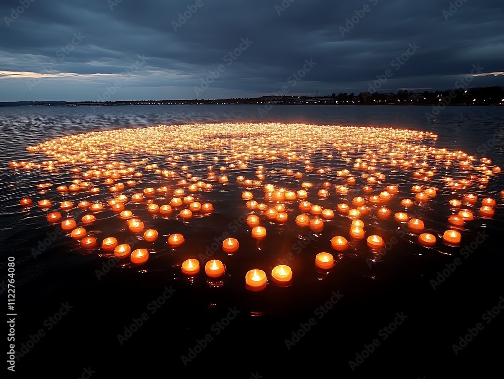 Obraz premium Floating Candles Illuminate Dark Waters At Night