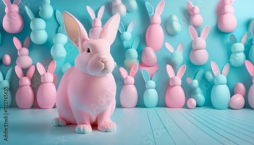 Abstract creative Easter pastel blue and pink holiday concept, room full of painted pastel bunnies. The rabbit animal is a symbol of Easter. Illustration