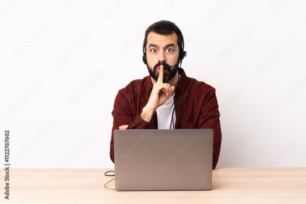 Φωτογραφία Telemarketer caucasian man working with a headset and with laptop showing a sign of silence gesture putting finger in mouth