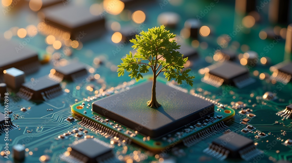 Obraz premium Nature Meets Tech: A tiny tree thrives on a microchip, symbolizing sustainable innovation and eco-conscious technology.