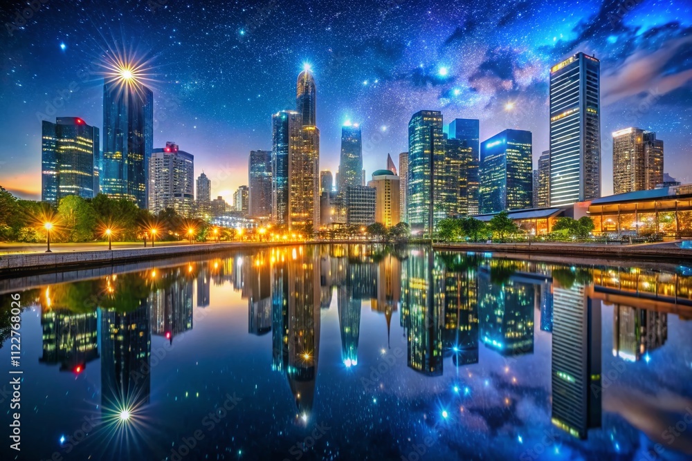 Obraz premium Breathtaking Nighttime City Skyline Reflected in a Serene River with Illuminated Buildings and Stars Above, Capturing the Essence of Urban Beauty and Tranquility