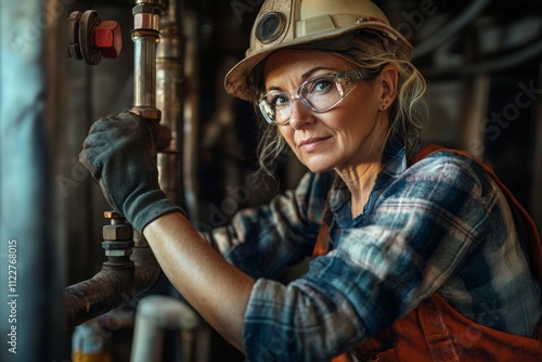 Portrait of woman working as plumber. Ai generative art