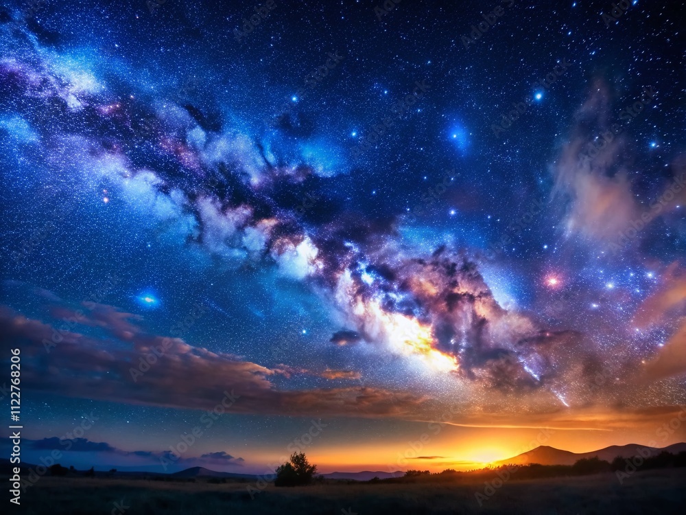 Obraz premium Breathtaking Panoramic Astrophotography of a Dark Blue Starry Sky Filled with Nebulae and Galaxies Ideal for a Stunning Banner Head Cover Design