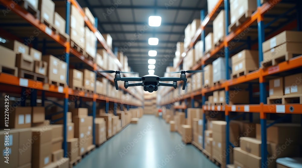 Fototapeta premium Drone soars through warehouse aisles, surveying inventory. Efficient logistics, automated processes.