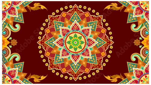 A vibrant mandala with intricate geometric and floral patterns in shades of red, orange, green, and yellow, set against a rich brown background. photo