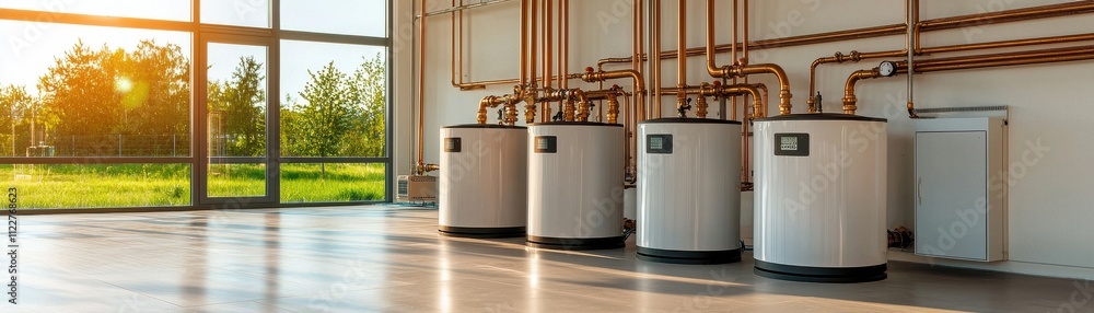 Naklejka premium A modern room with several white water heaters, natural light streaming through large windows, and green views outside.