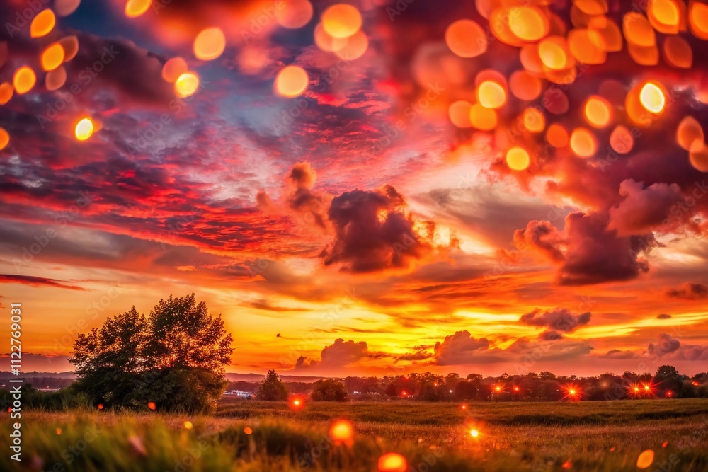 Breathtaking Sundown with Red Sky and Dim Clouds Creating a Stunning Bokeh Effect, Perfect for Capturing the Serenity of Dusk and Nature's Beauty in Photographic Art Breathtaking Sundown with Red Sky and Dim Clouds Creating a Stunning Bokeh Effect, Perfect for Capturing the Serenity of Dusk and Nature's Beauty in Photographic Art