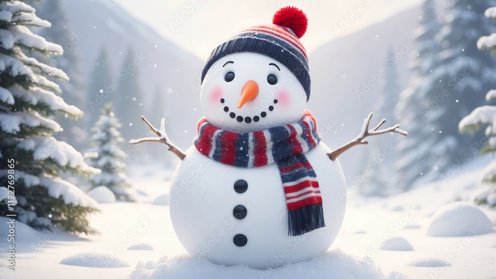 Obraz premium Winter holiday scene with a smiling snowman in the snow
