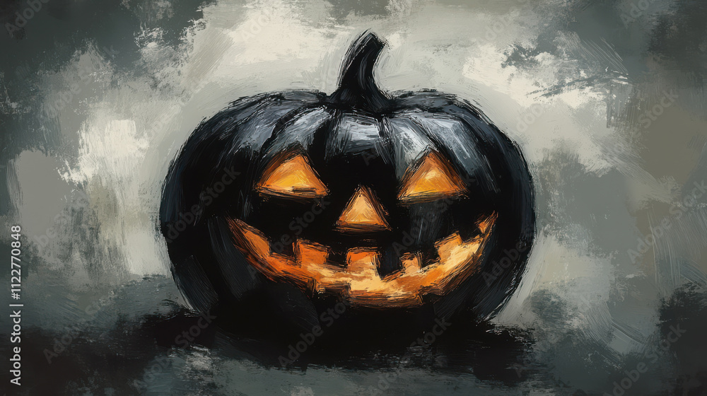 Naklejka premium spooky black pumpkin with glowing orange eyes and jagged smile, perfect for Halloween decorations