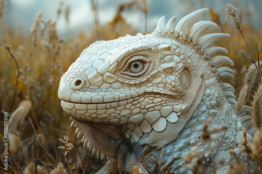 Fototapeta premium A close up of a white iguana in a field of tall grass
