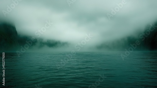 Fototapeta Naklejka Na Ścianę i Meble -  Misty, tranquil lake shrouded in fog, dark green hues.