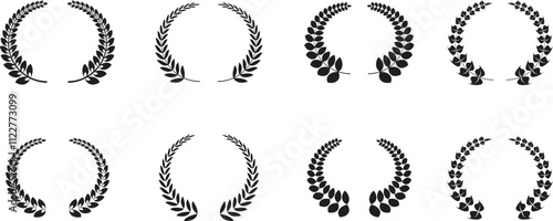Premium quality laurel wreath retro vintage design icon set. Black flat and line collection vector isolated on transparent background. The certificate is official solemn elegant guaranteed symbol.