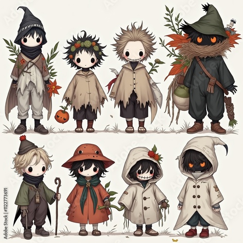 A group of characters that seem to be related to themes of adventure or magic. They wear various outfits that reflect the traits of travelers, witches, or mysterious individuals, with each character r photo