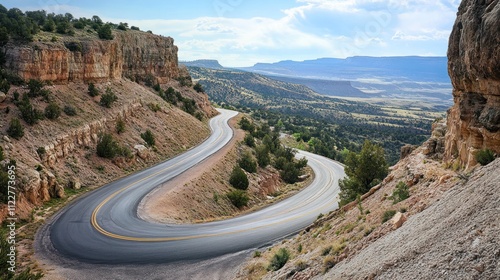 Winding mountain road with dramatic curves, set against a natural backdrop. photo