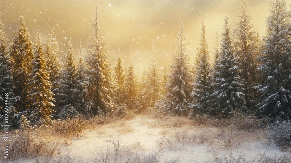 Winter holiday backdrop with snow-covered pine trees and a soft golden ambiance, creating a serene and festive atmosphere, Winter holiday backdrop with snow-covered pine trees and a soft golden ambiance, creating a serene and festive atmosphere,