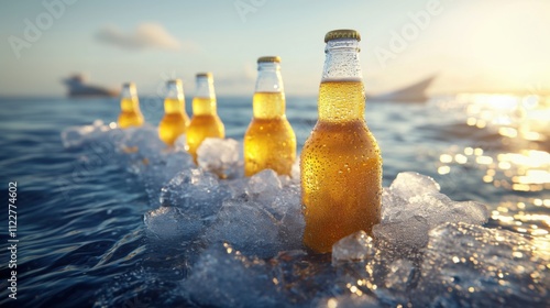 a few bottles ofbeer filled with ice, delicate water droplets on thebottle, seaside  photo