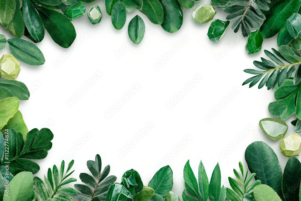 A frame made of green leaves and crystals on a white background A frame made of green leaves and crystals on a white background