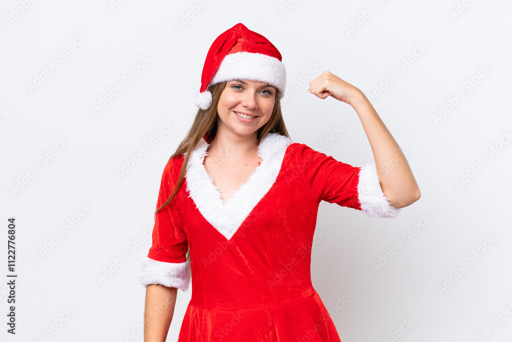Young caucasian woman dressed as mama noel isolated on white background doing strong gesture Young caucasian woman dressed as mama noel isolated on white background doing strong gesture