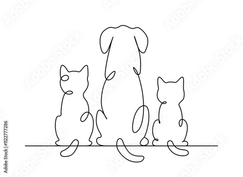 Line art of a two cats and dog back view vector art illustration
