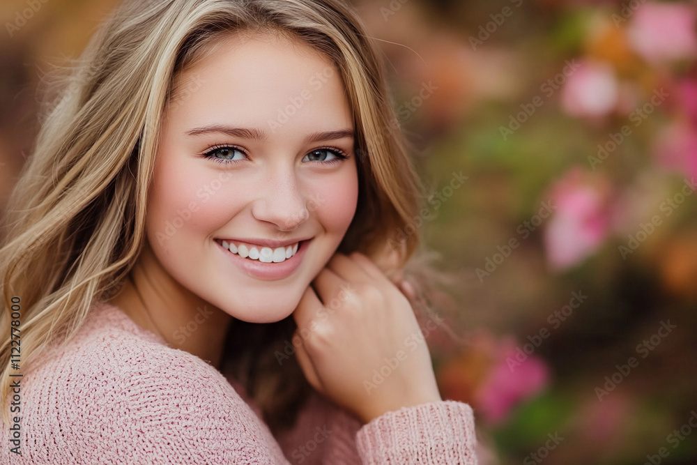 Fototapeta premium Young woman smiling in a floral setting during daytime