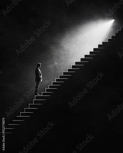 Reaching New Heights: Silhouette of Person Climbing Goal-Labeled Staircase, Ambition Symbol