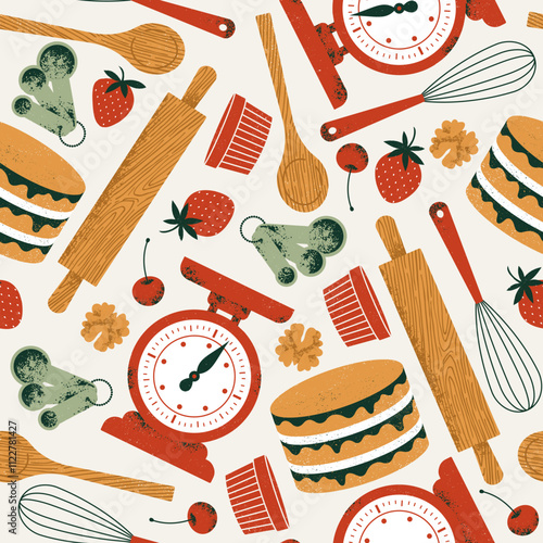 Bakery elements seamless pattern. Cake with various baking utensils. 