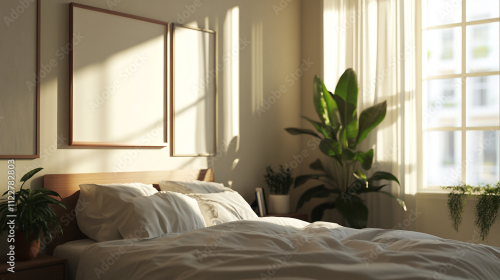 Fototapeta premium Sunlit Bedroom with White Bedding Plants and Mockup Frames