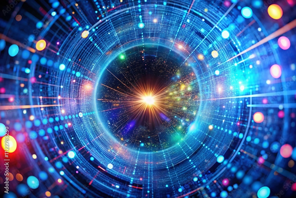Fototapeta premium Captivating Bokeh Effect with a Glowing Blue Binary Data Wormhole and Neon Code Tunnel in a Futuristic Digital Landscape