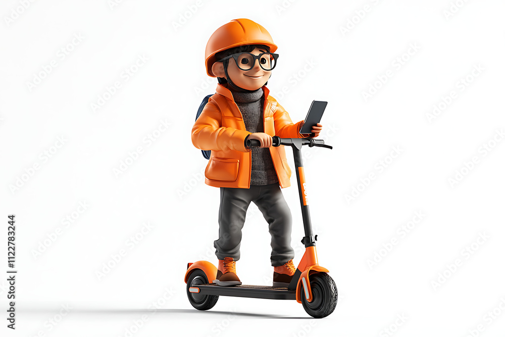 A cartoon character riding an orange scooter while using a smartphone. A cartoon character riding an orange scooter while using a smartphone.