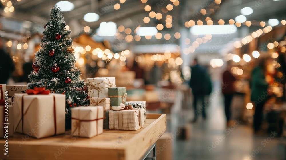 Community Focused. Festive market scene with a small Christmas tree and wrapped gifts. Community Focused. Festive market scene with a small Christmas tree and wrapped gifts.