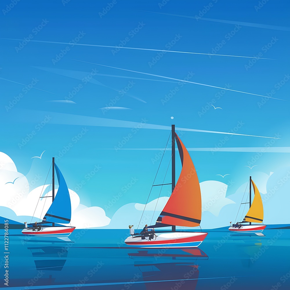 Fototapeta premium Sailboats Glide Across Calm Ocean Waters Under Blue Skies