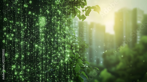 Green leaves and glowing digital lines illuminate a city backdrop