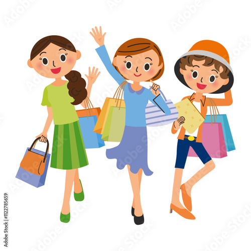 仲良しの女子友達で買物を楽しんでいるイラスト
