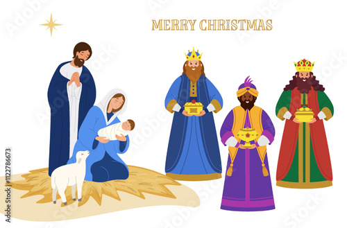 Merry Christmas!Night Christmas religious clipart -Mary with baby Jesus in her arms,Joseph and the three wise men.Epiphany.White background.Vector design