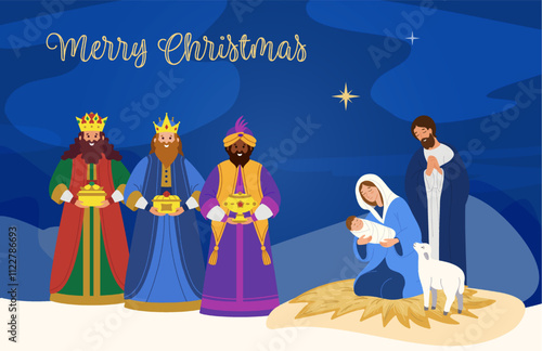 Merry Christmas!Night Christmas religious scene -Mary with baby Jesus in her arms,Joseph and the three wise men.Epiphany.Vector design