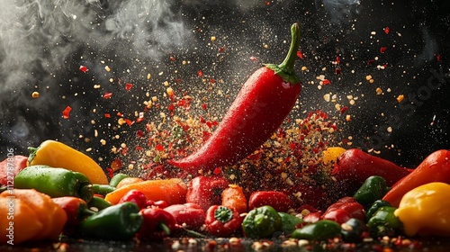 Vibrant display of various chili peppers with spices, emphasizing culinary excitement.