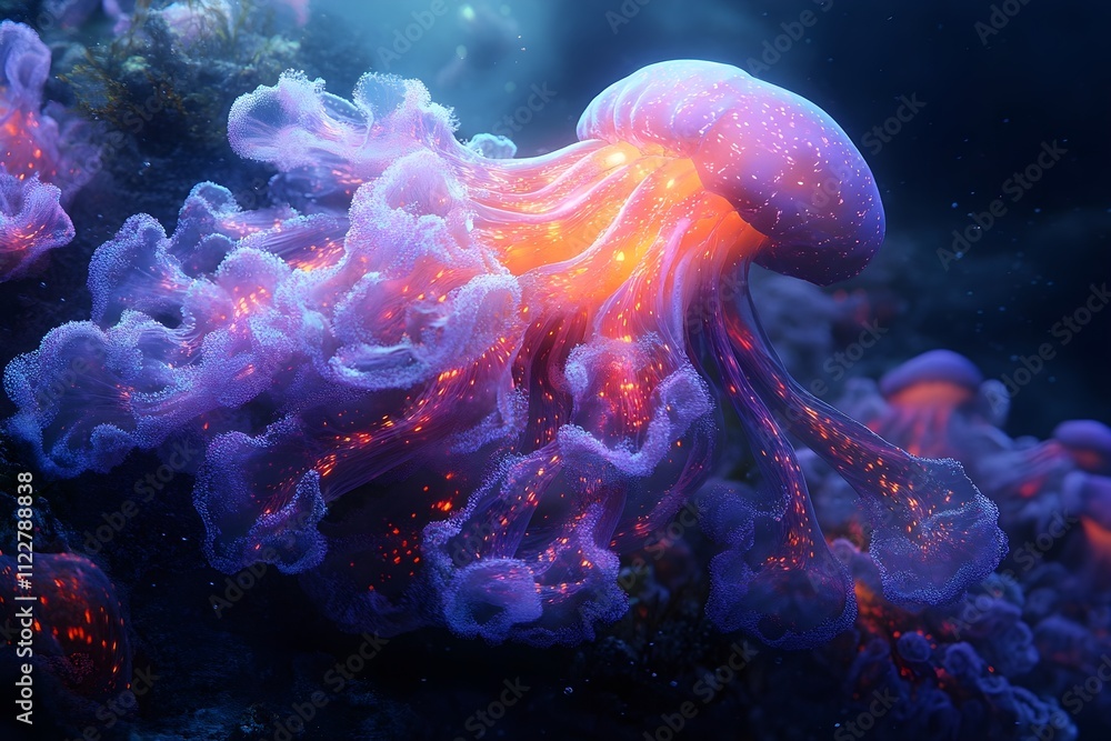 Vibrant Bioluminescent Patterns in Dark Seascape - Generative AI Vibrant Bioluminescent Patterns in Dark Seascape - Generative AI