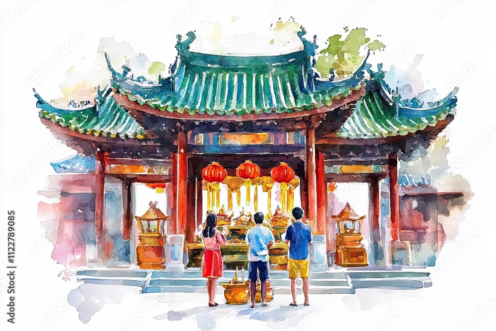 Fototapeta premium Watercolor Painting Of People Praying At A Temple