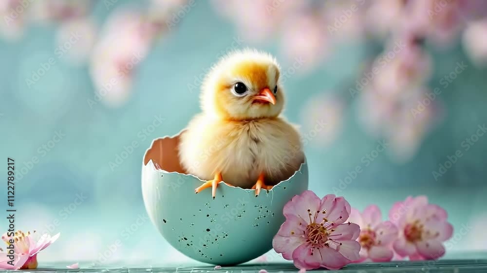 A cute small chick sitting in a cracked eggshell, turning its head. Soft pastel Easter background in gentle teal tones with pink spring flowers