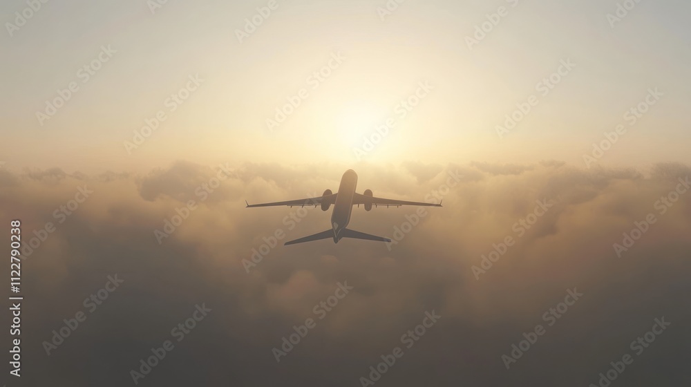Naklejka premium Airplane flying above clouds at sunset. (5)